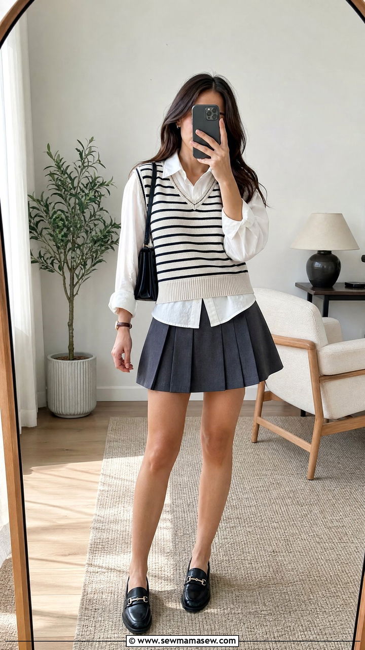 Striped sweater vest over white button up with pleated skirt - 25 Business casual outfits with vest