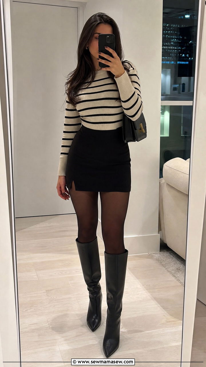 Striped sweater with a black mini skirt and sheer tights - 30 Striped sweater outfit ideas