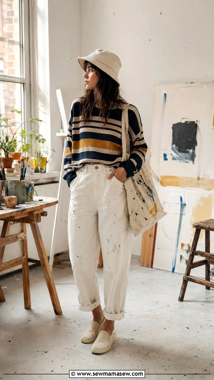 Striped sweater with a bucket hat and painter pants - 30 Indie girl outfit ideas