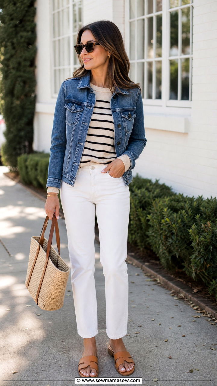 Striped sweater with a denim jacket and white jeans - 30 Striped sweater outfit ideas
