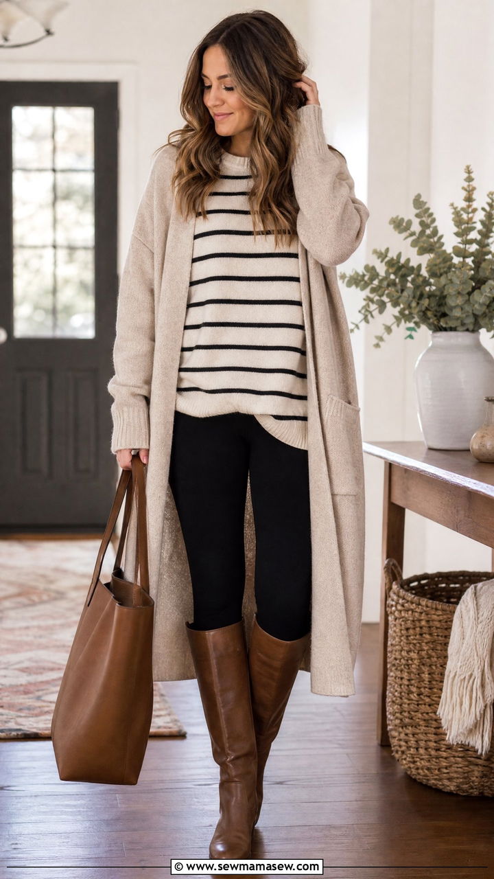 Striped sweater with a long cardigan and black leggings - 30 Striped sweater outfit ideas