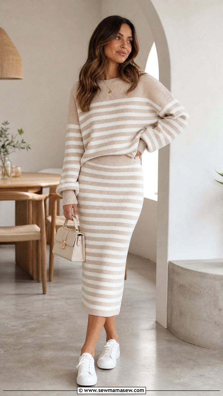 Striped sweater with a matching knit midi skirt - 30 Striped sweater outfit ideas