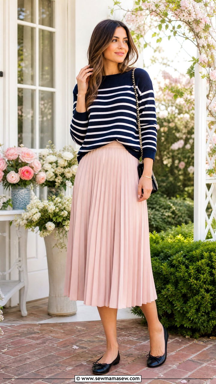 Striped sweater with a pleated midi skirt and ballet flats - 30 Striped sweater outfit ideas
