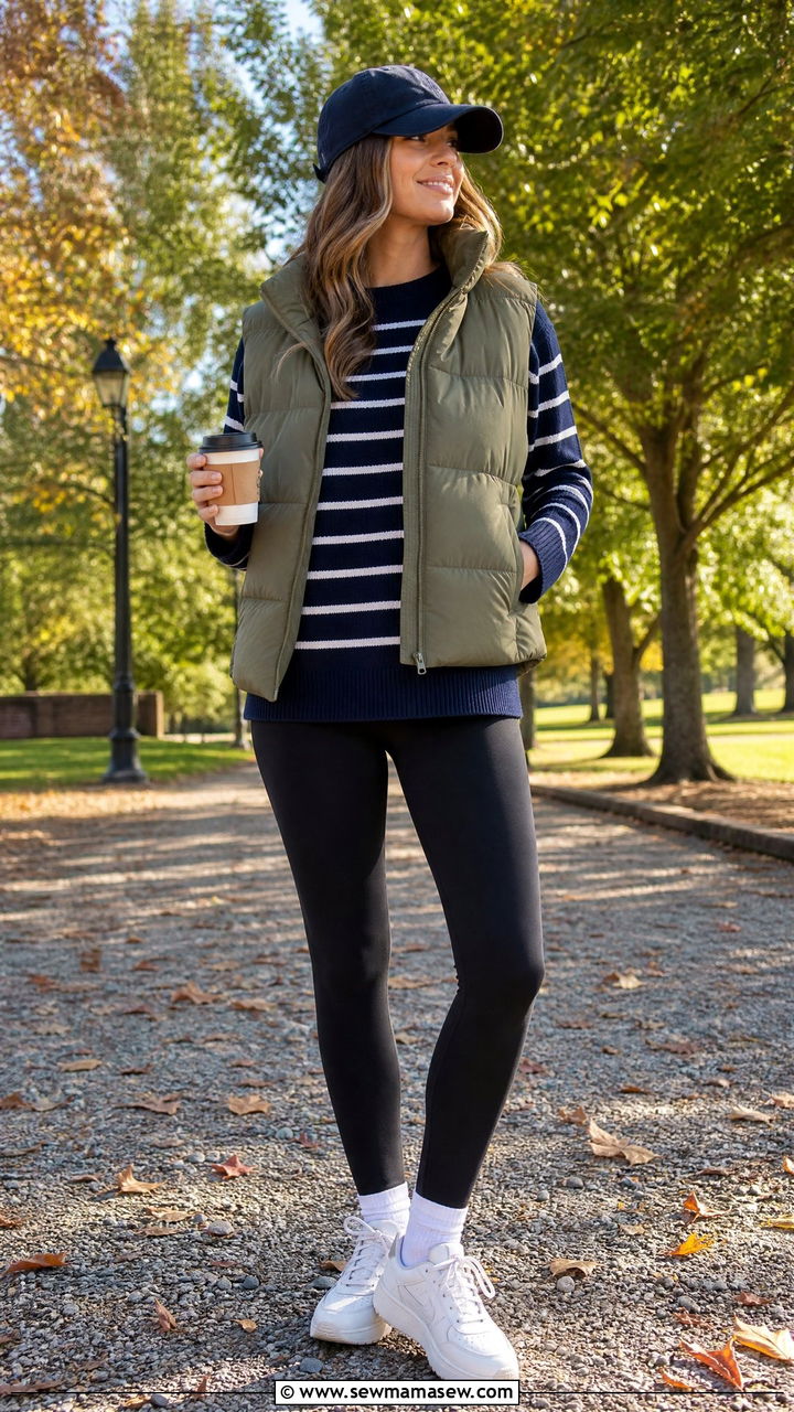 Striped sweater with a puffer vest and black leggings - 30 Striped sweater outfit ideas