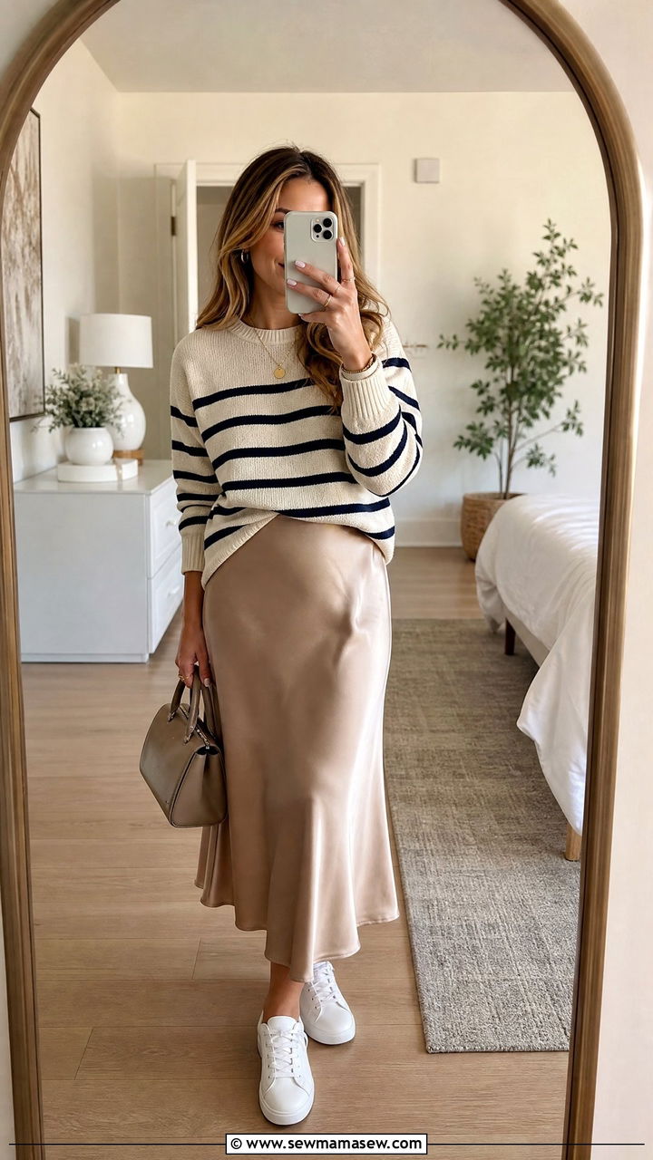 Striped sweater with a silk midi skirt and white sneakers - 30 Striped sweater outfit ideas