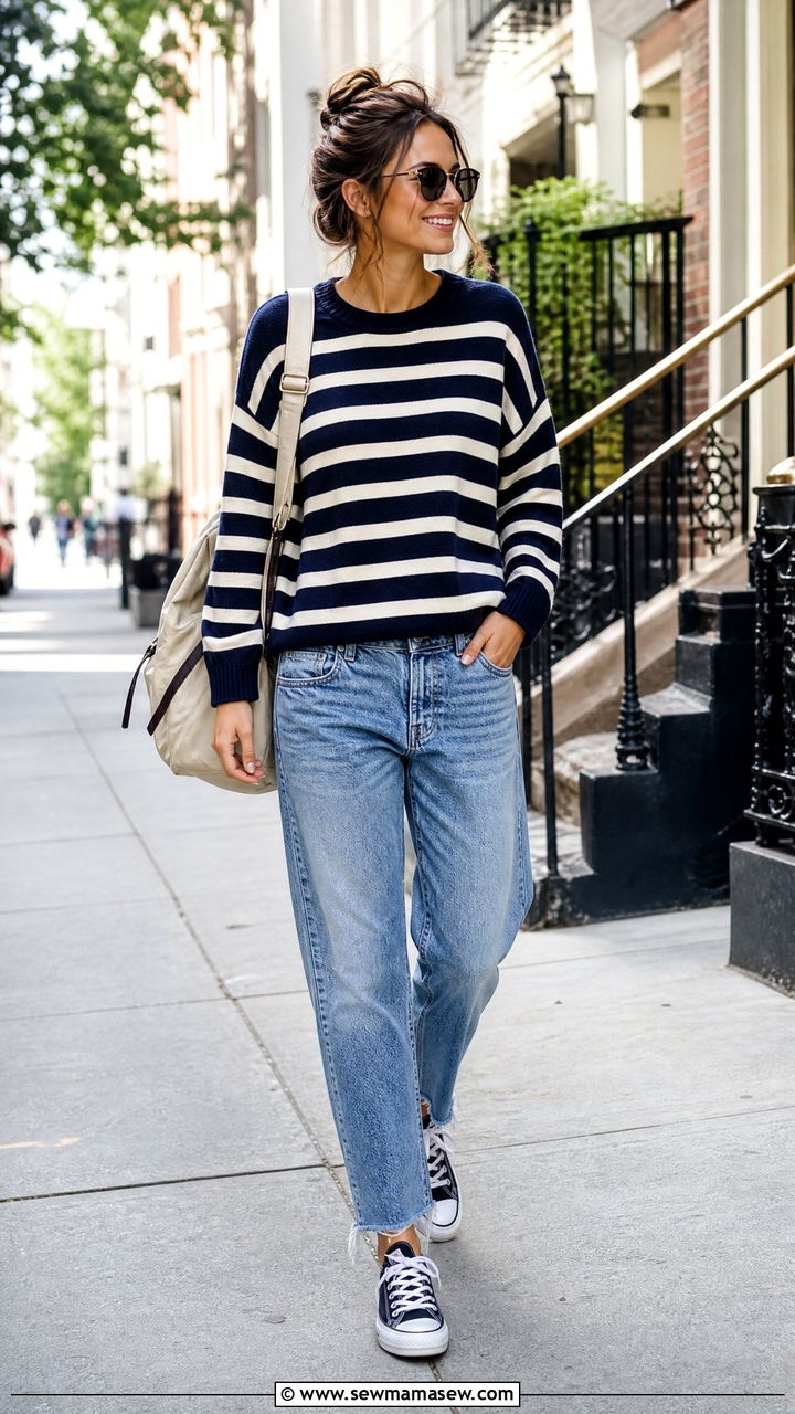 Striped sweater with boyfriend jeans and Converse sneakers - 25 Boyfriend jeans outfit ideas with a sweater