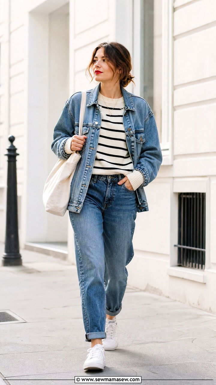 Striped sweater with boyfriend jeans denim jacket and sneakers - 25 Boyfriend jeans outfit ideas with a sweater