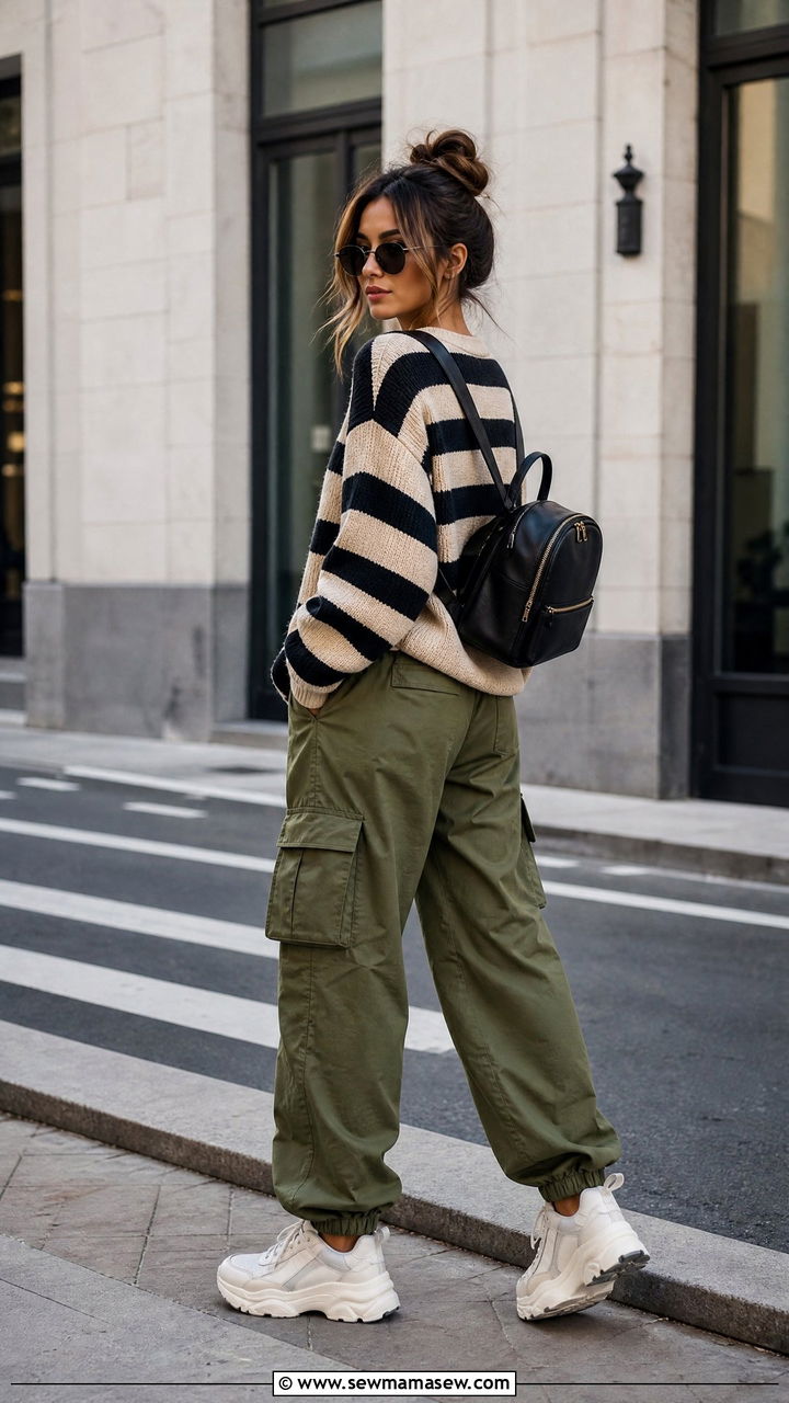 Striped sweater with cargo pants and chunky sneakers - 30 Striped sweater outfit ideas