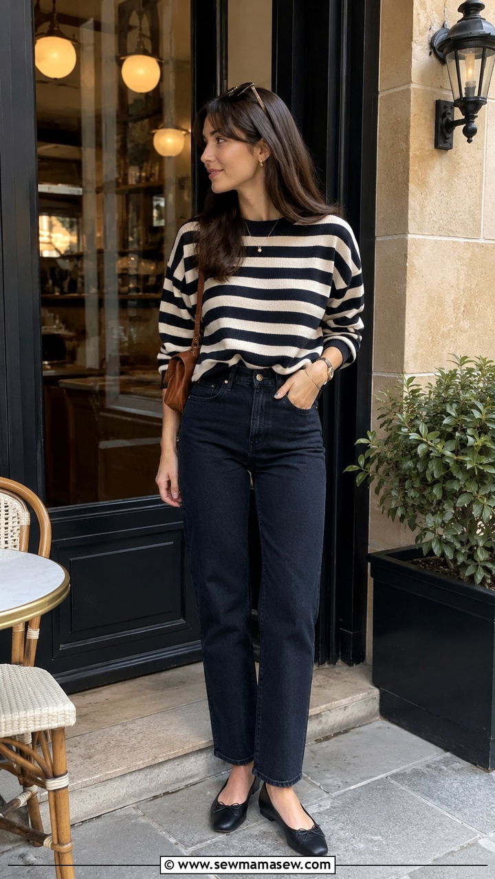 Striped sweater with dark denim and ballet flats - 30 Sweater outfit ideas for women over 40