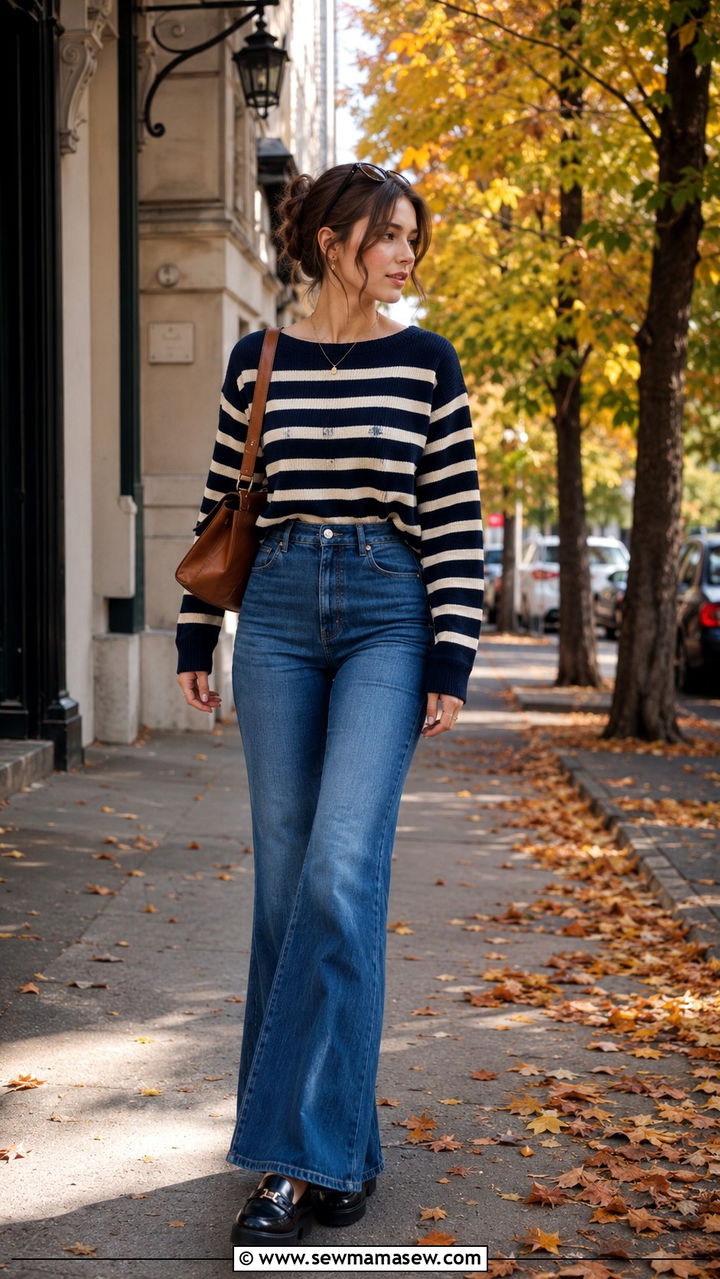 Striped sweater with flare jeans - 25 Outfit ideas for narrow shoulders