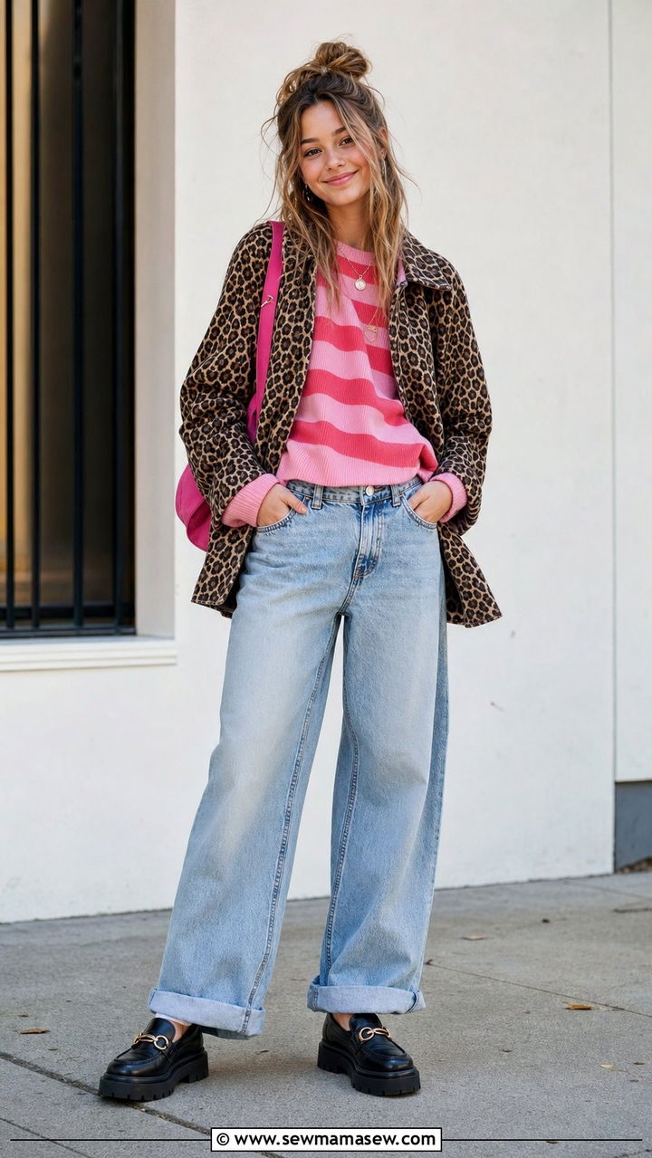 Striped sweater with leopard print jacket outfit - 35 Back to school outfits for teens