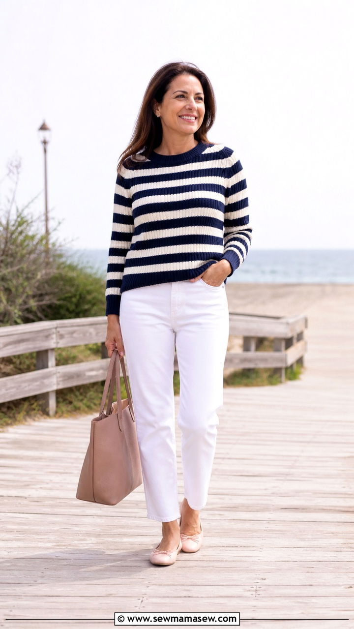 Striped sweater with white jeans and ballet flats - 40 Outfit ideas for women over 40