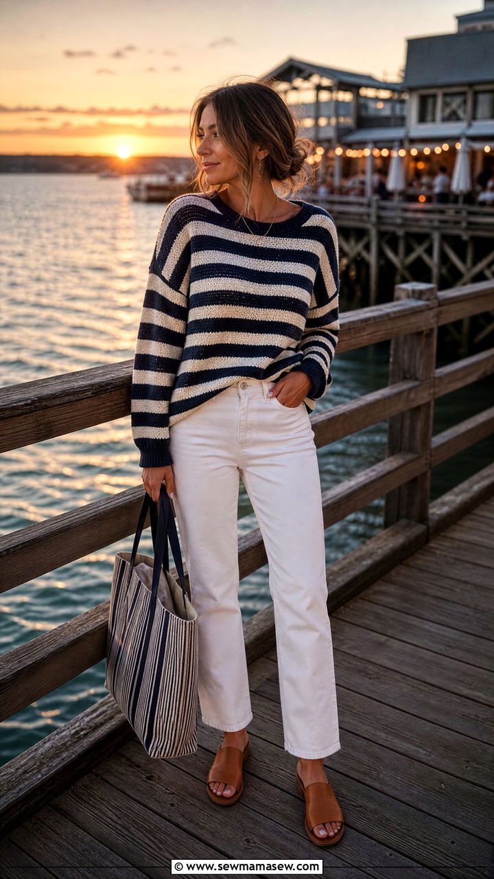 Striped sweater with white jeans summer evening - 30 summer nautical outfit ideas