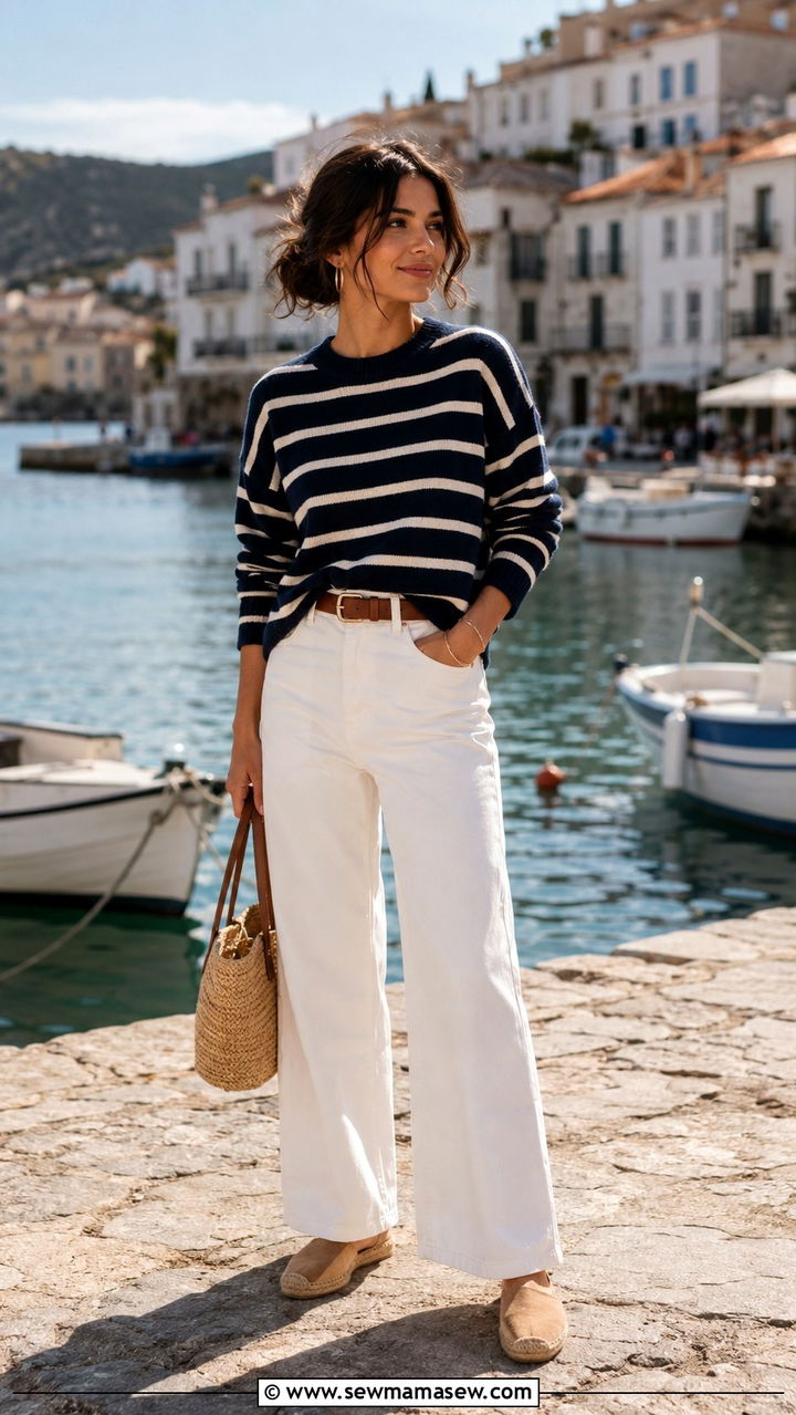 Striped sweater with white wide leg jeans and espadrille flats - 25 Petite outfit ideas for moms