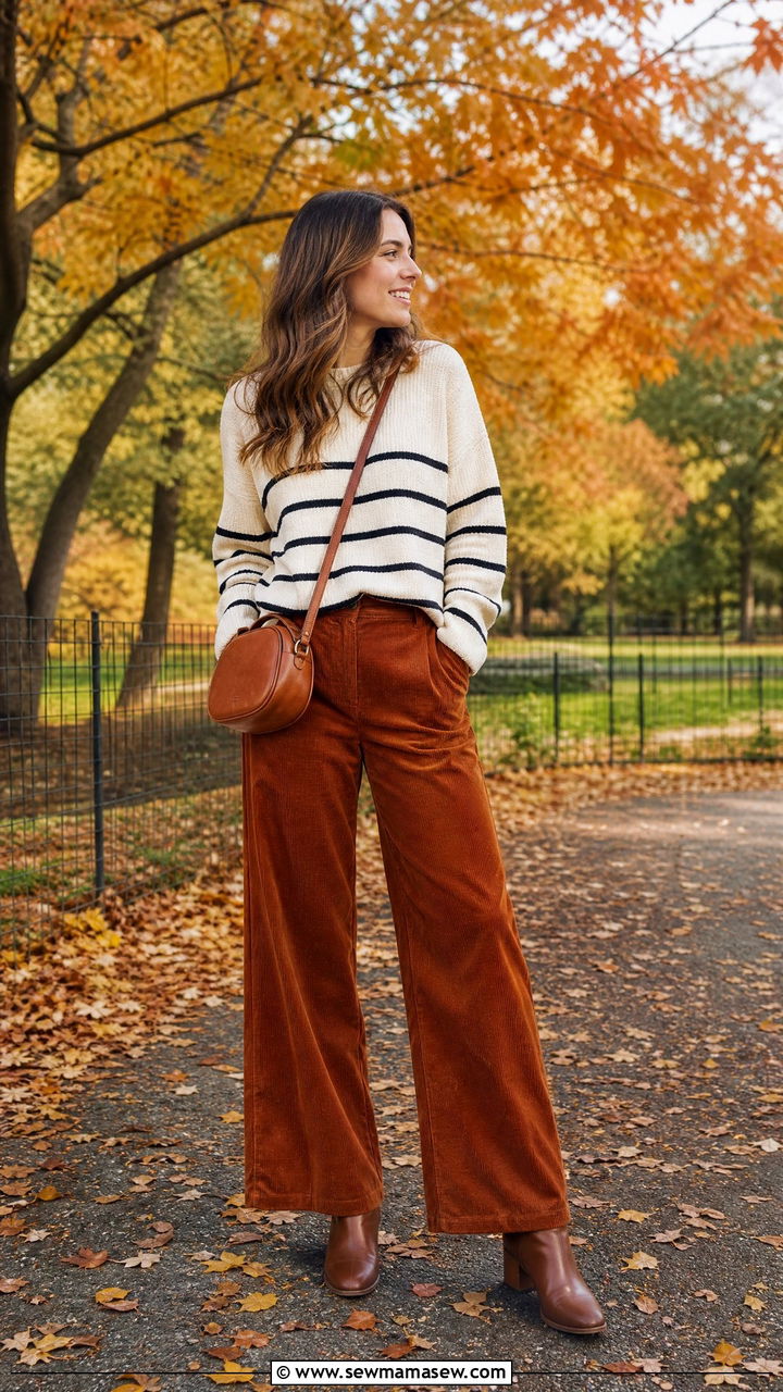 Striped sweater with wide leg corduroy pants and ankle boots - 30 Striped sweater outfit ideas