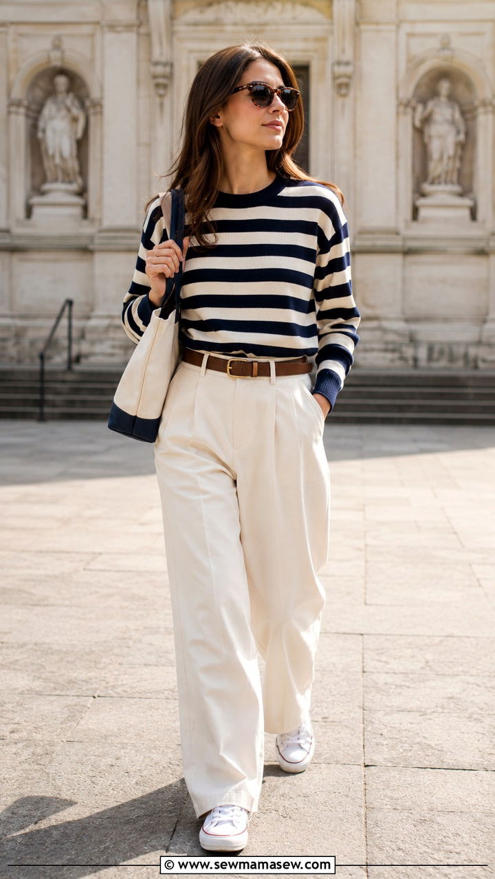 Striped sweater with wide leg trousers and canvas sneakers - 30 preppy outfits for women