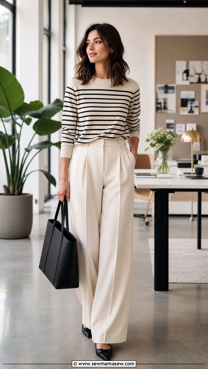 Striped sweater with wide leg trousers and pointed flats - 30 Striped sweater outfit ideas
