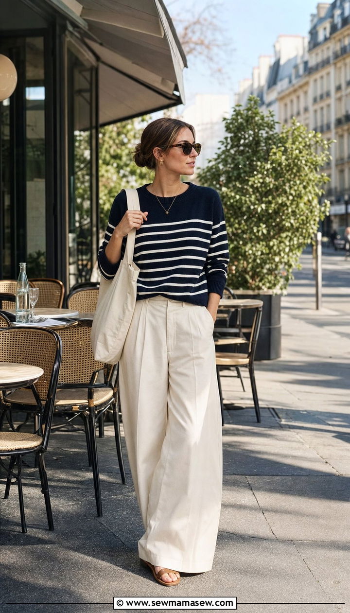 Striped sweater with wide leg trousers outfit - 35 Casual chic spring outfit ideas 2026