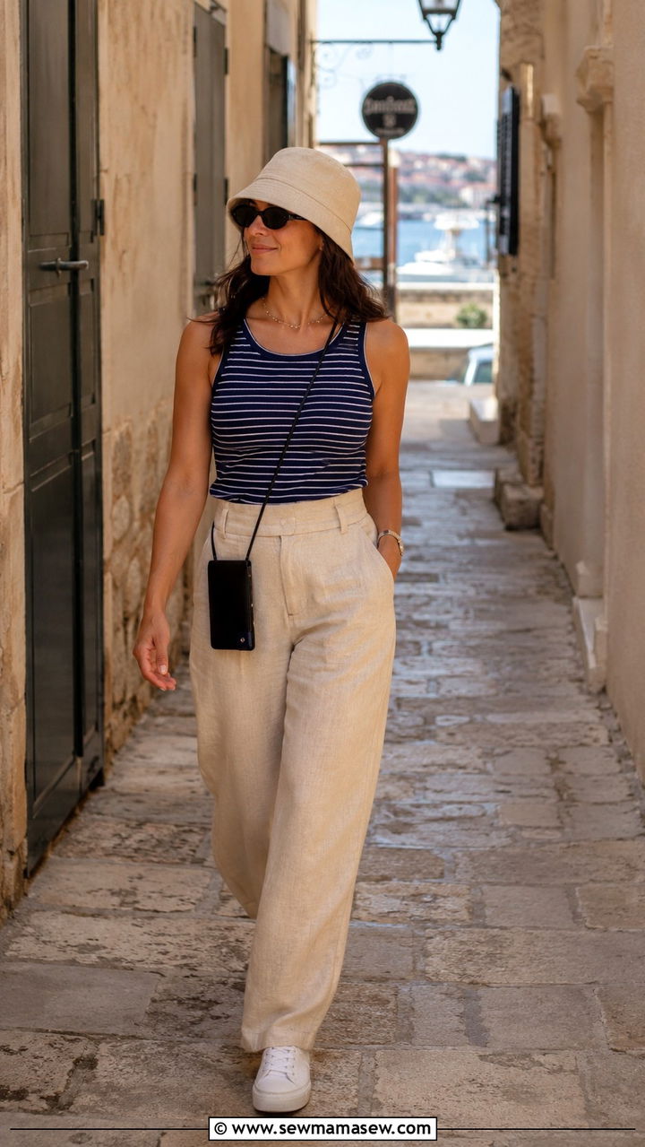 Striped tank top with beige linen trousers outfit - 30 Small ship cruise outfit ideas