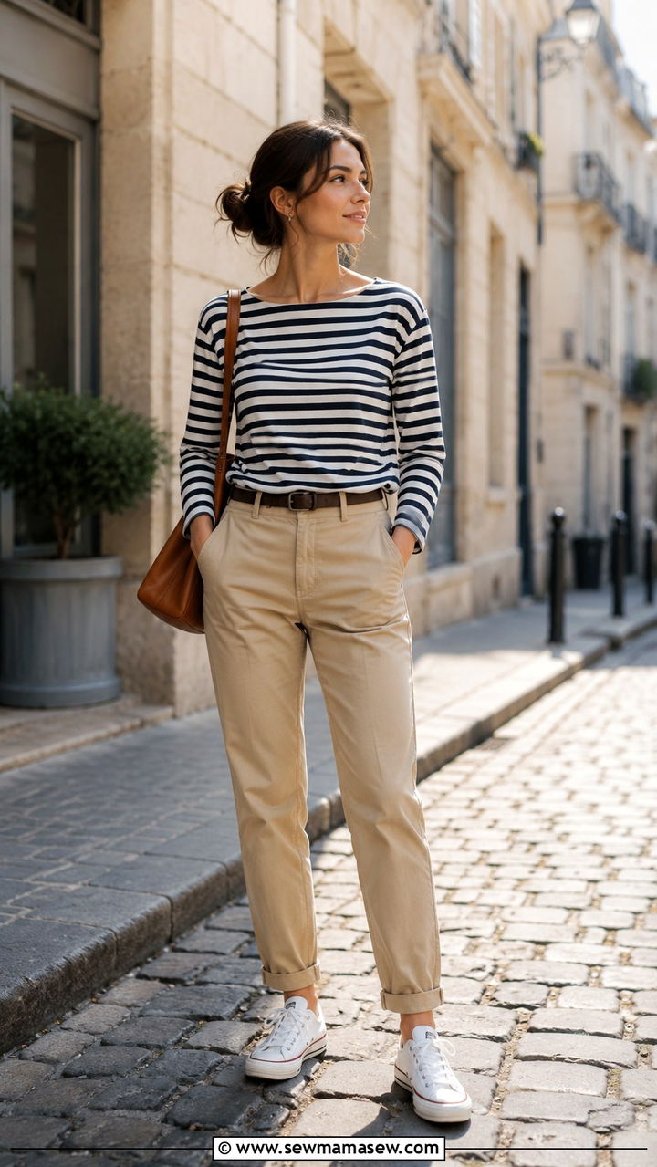 Striped tee and chinos travel wardrobe - 25 Minimalist travel capsule wardrobe