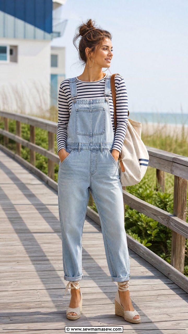 Striped tee and denim overalls with wedge sandals - 30 summer outfits with wedge sandals