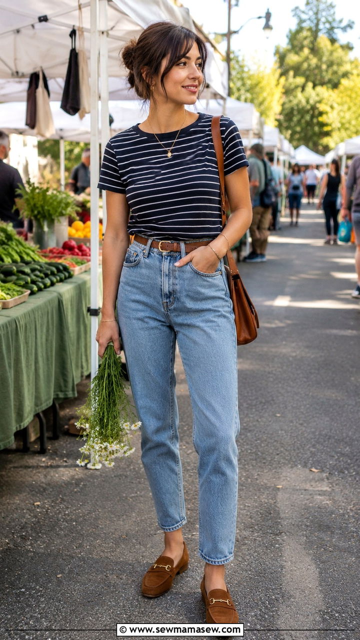 Striped tee and high waisted mom jeans with loafers - 30 High waisted jeans outfit ideas with loafers