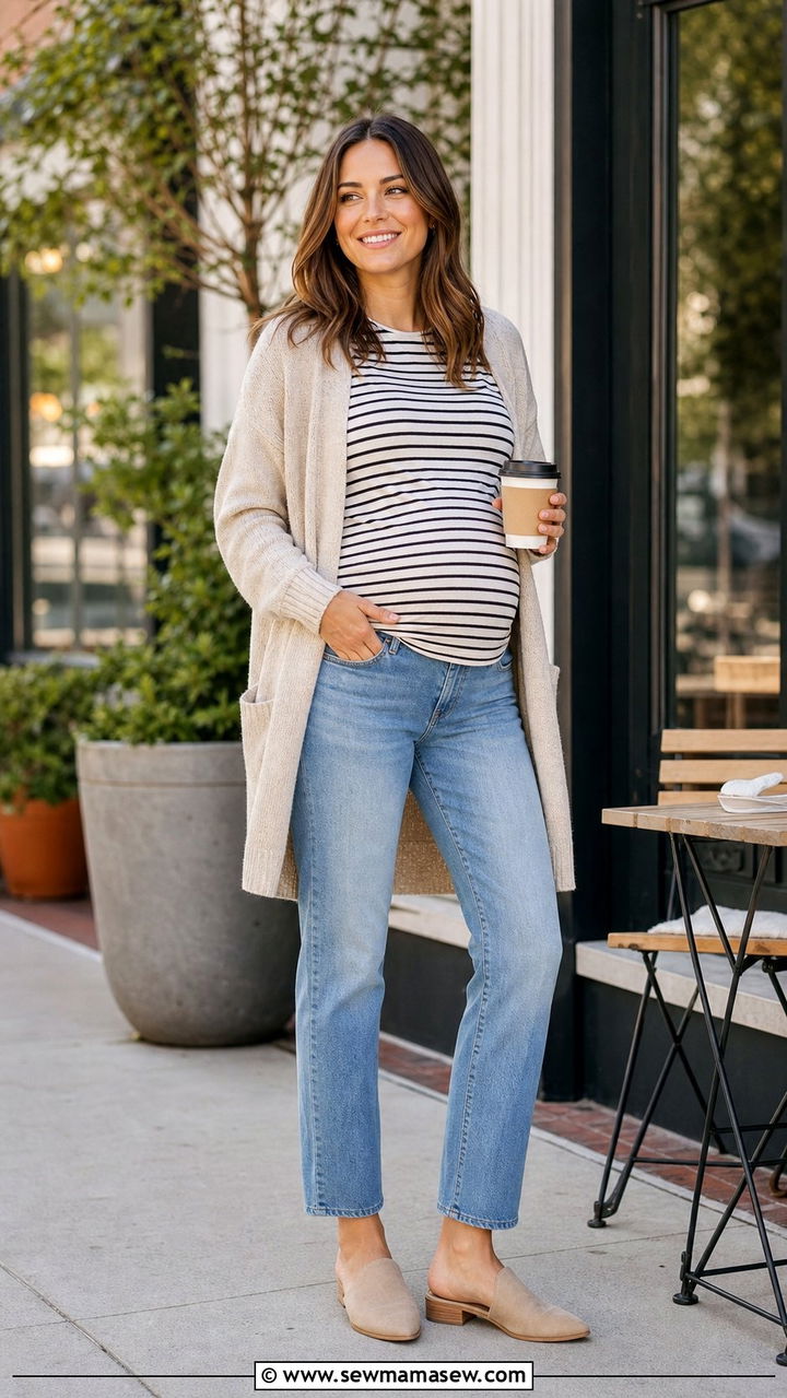 Striped tee and maternity jeans with cardigan - 25 Spring outfit ideas for pregnant women