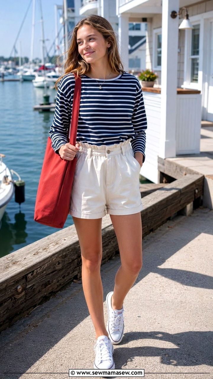 Striped tee and paperbag shorts - 30 Spring outfits for high school