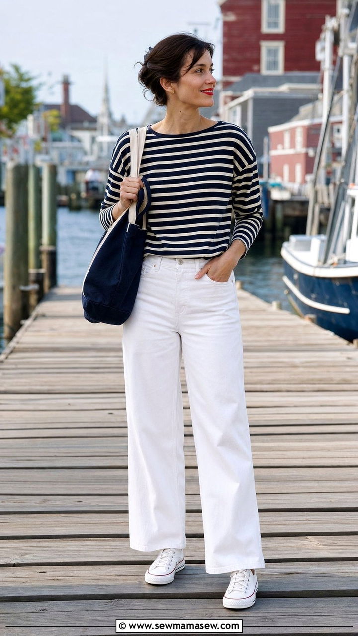 Striped tee and wide leg white jeans outfit - 25 Coastal grandmother travel outfits