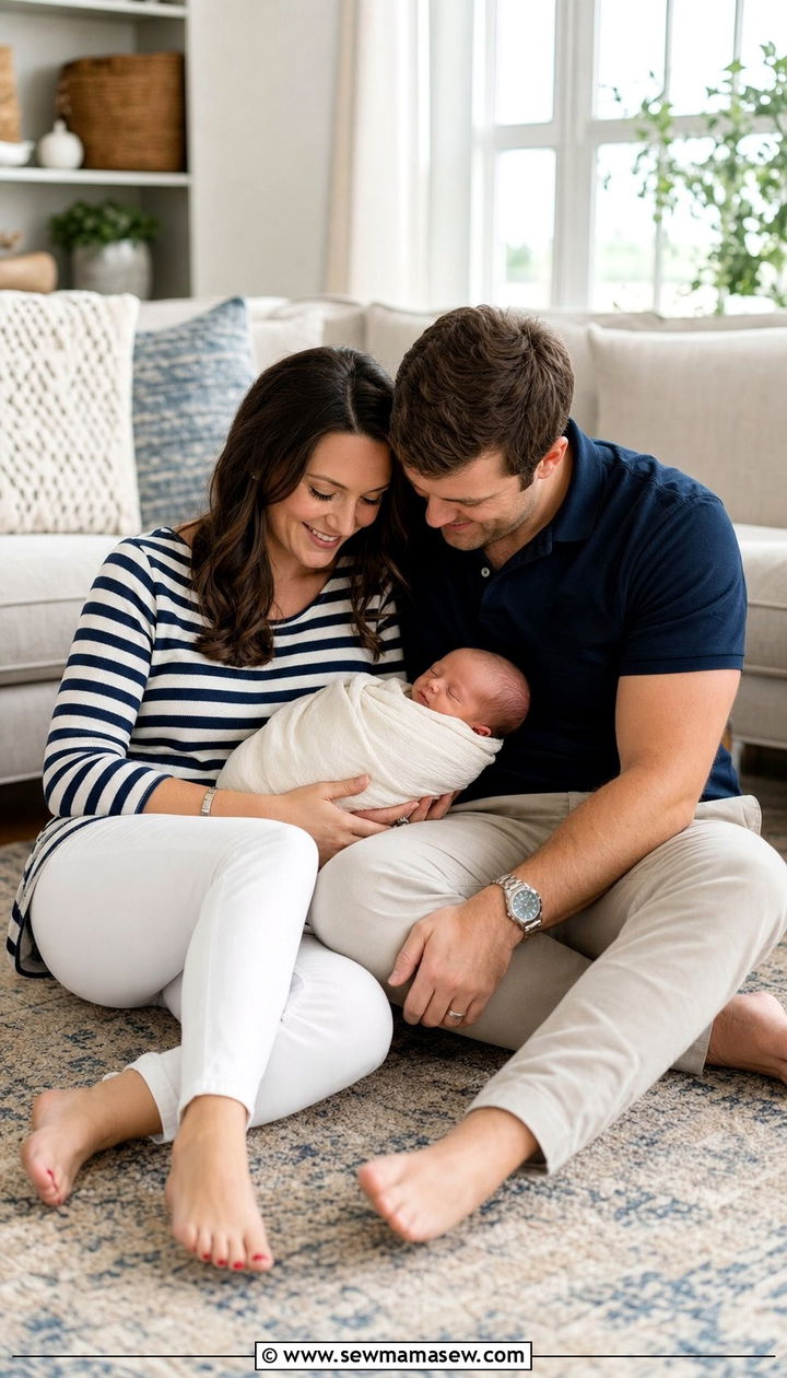 Striped tee family outfit for newborn casual photos - 25 Family photo outfit ideas with newborn