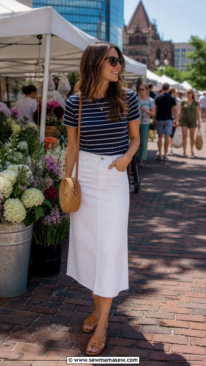 Striped tee with white denim skirt and sandals - 40 What to wear in Boston