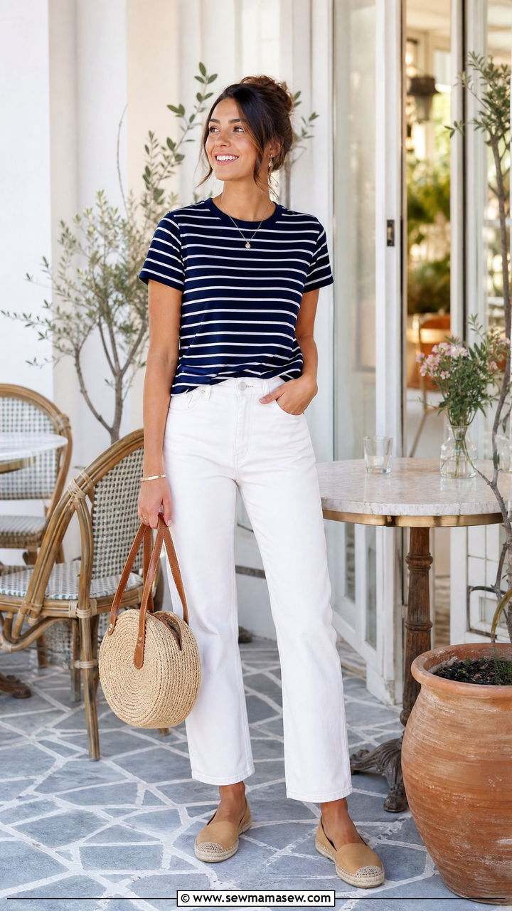 Striped tee with white straight leg jeans - 30 Summer outfit ideas for nurse