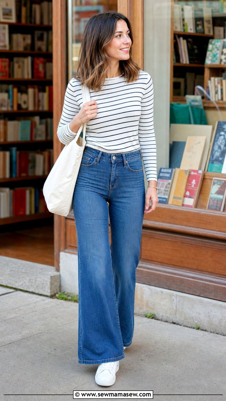 Striped top and flare jeans spring look - 25 spring outfits for inverted triangle body