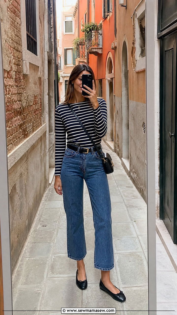 Striped top and high waisted jeans with ballet flats - 35 Italy spring outfit ideas