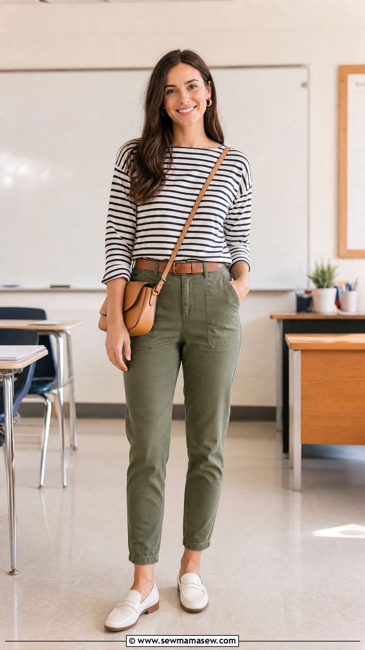 Striped top and olive utility pants - 25 High school teacher outfit ideas