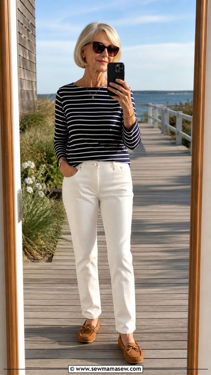 Striped top and white jeans outfit for women over 60 - 40 How to dress in your 60s