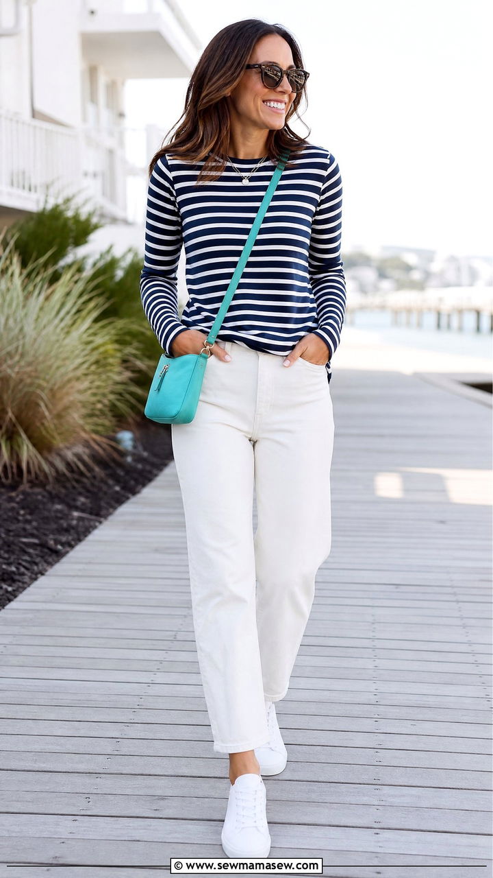 Striped top outfit with turquoise crossbody bag - 20 spring outfits with color pop bag