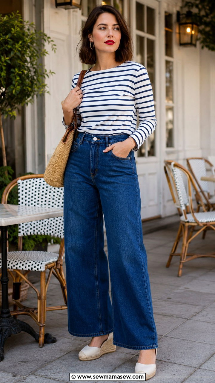 Striped top with high waist wide leg jeans and espadrilles - 30 Spring capsule wardrobe