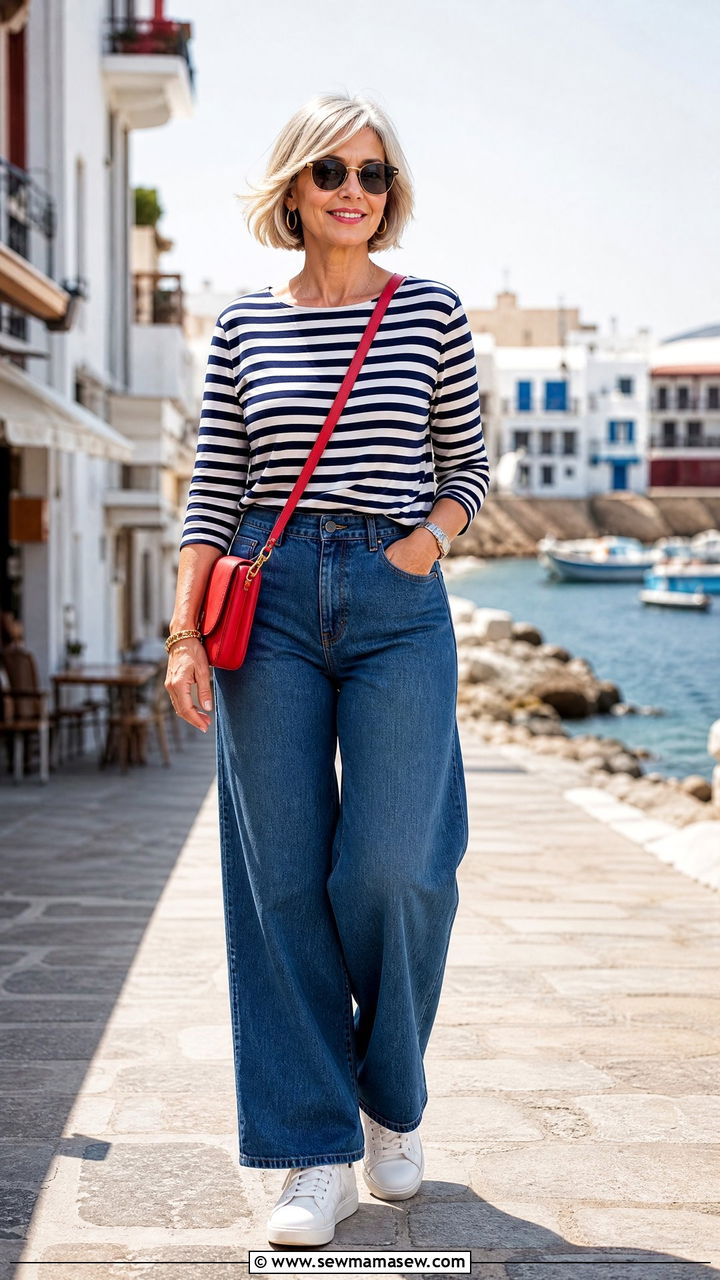 Striped top with jeans and sneakers outfit - 35 Jeans and sneakers outfit ideas over 50