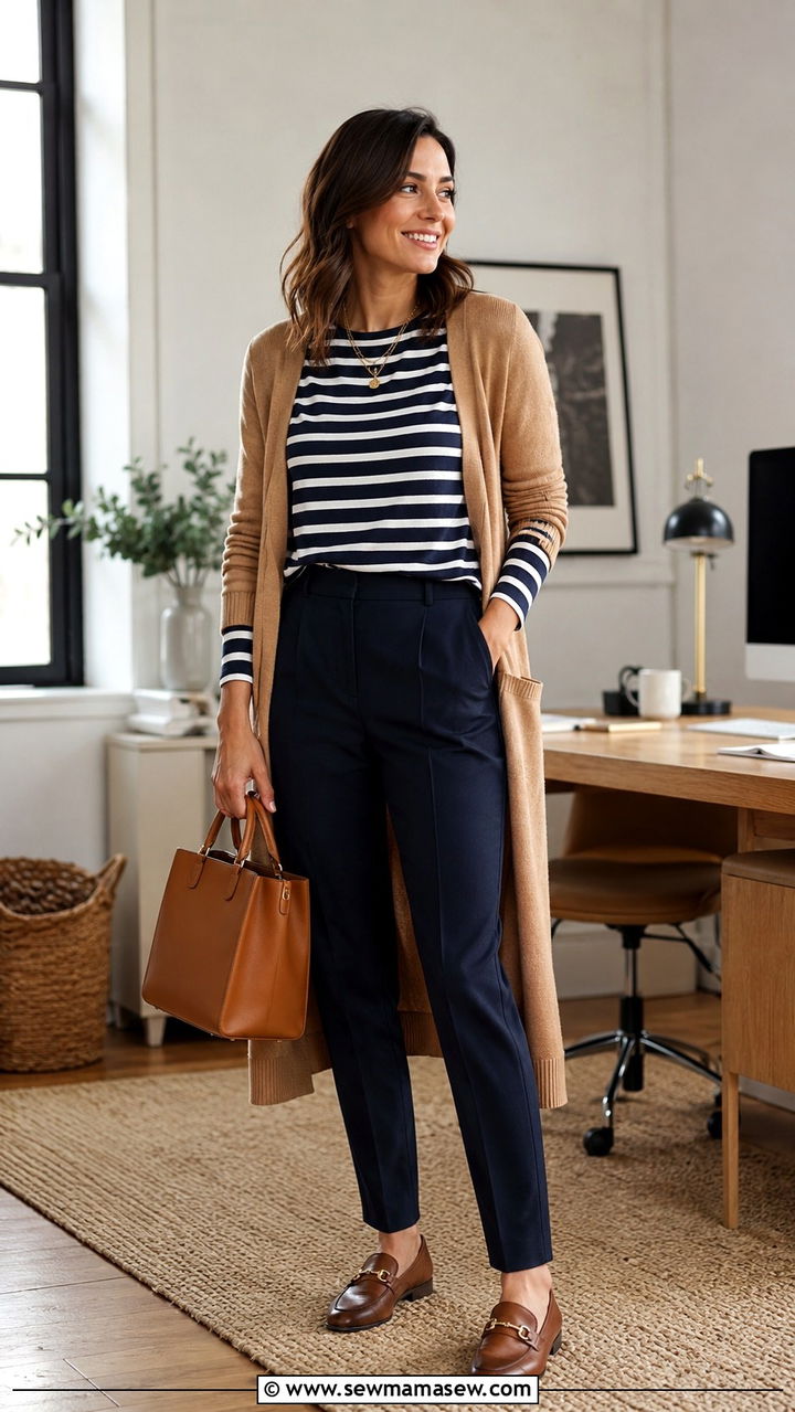 Striped top with navy trousers and cardigan outfit - 25 Paralegal outfit ideas for women