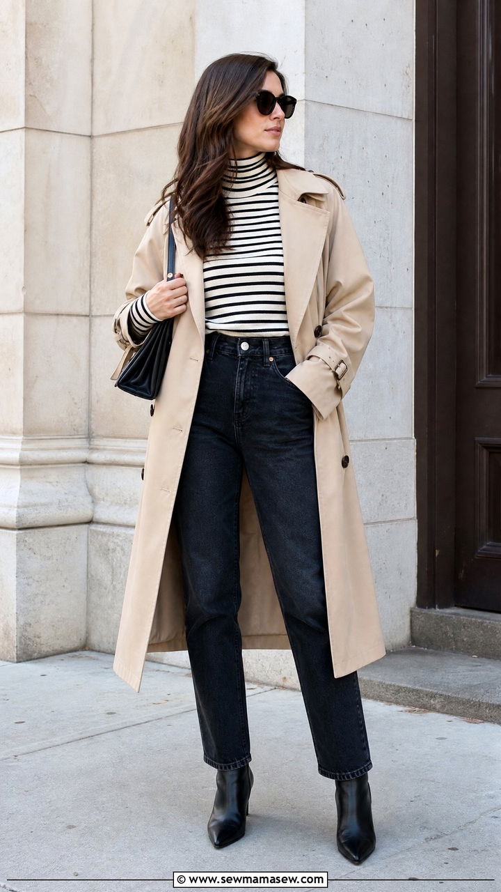 Striped turtleneck with high waist jeans and pointed ankle boots - 30 First cold day outfits