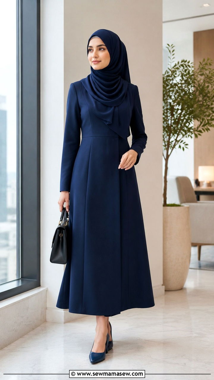 Structured ALine Dress With Layered Hijab And BlockHeel Pumps Outfit - 25 work outfits for modest women