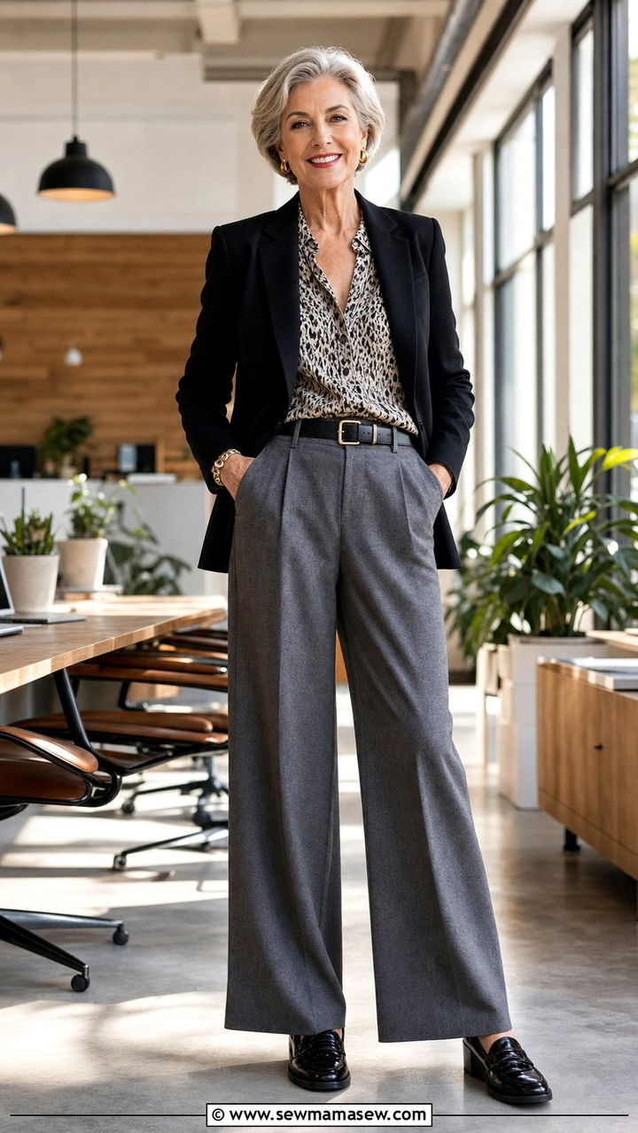 Structured Black Blazer With Printed Shell and Wide Leg Trousers - 35 Business casual outfits for women over 60