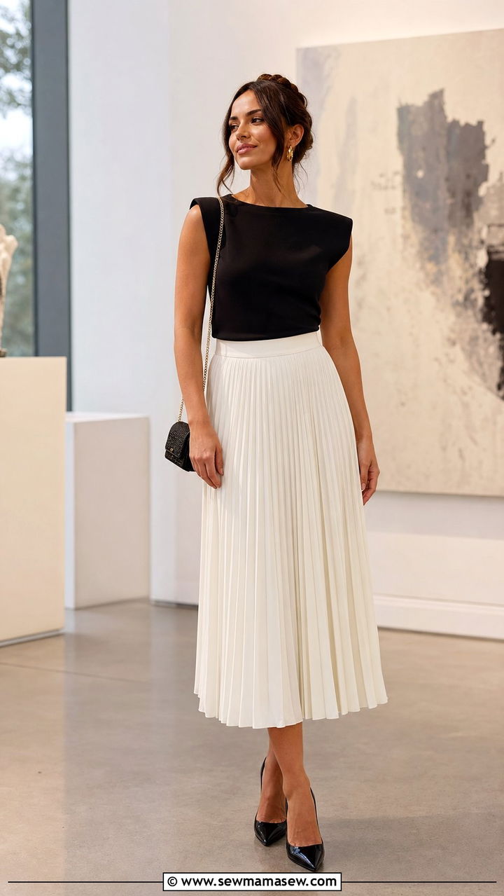 Structured Black Top and Pleated White Midi Skirt - 25 spring night out outfit ideas