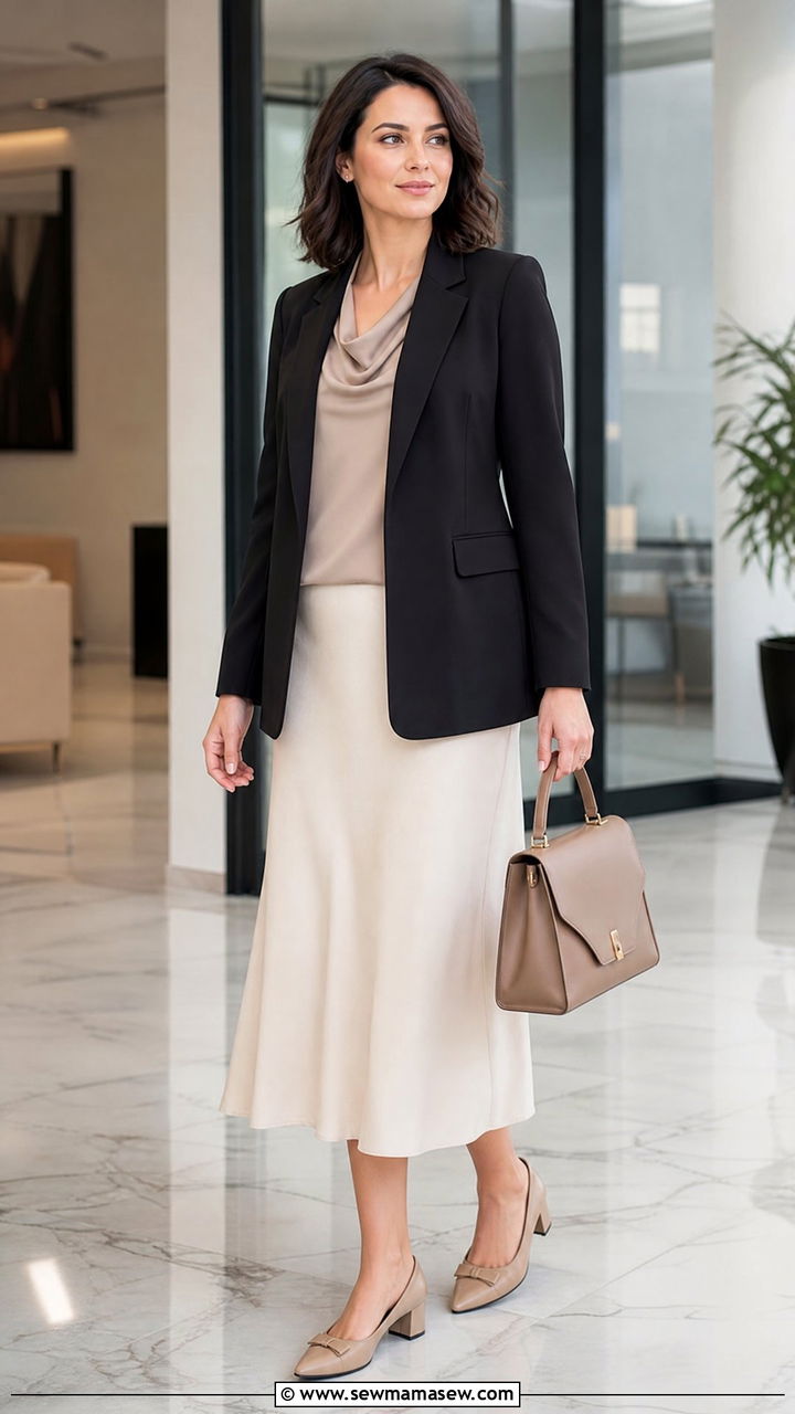 Structured Blazer Over A Draped Blouse And Midi Skirt - 25 Maternity outfit ideas hiding bump