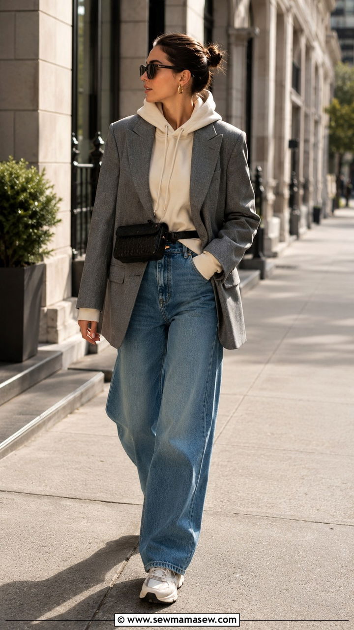 Structured Blazer Over Hoodie With Wide Leg Jeans Outfit - 25 Modest outfit ideas layering hacks