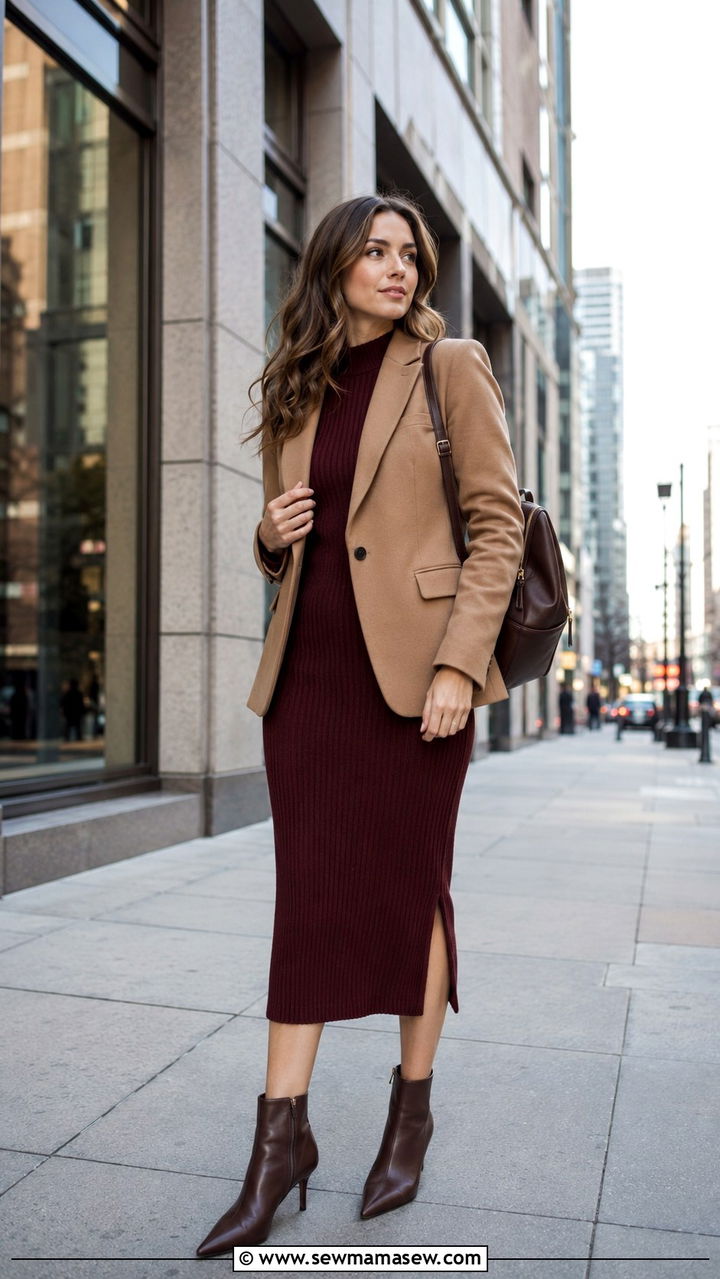 Structured Blazer Over a Ribbed Knit Midi Dress - 30 transitional business casual outfits