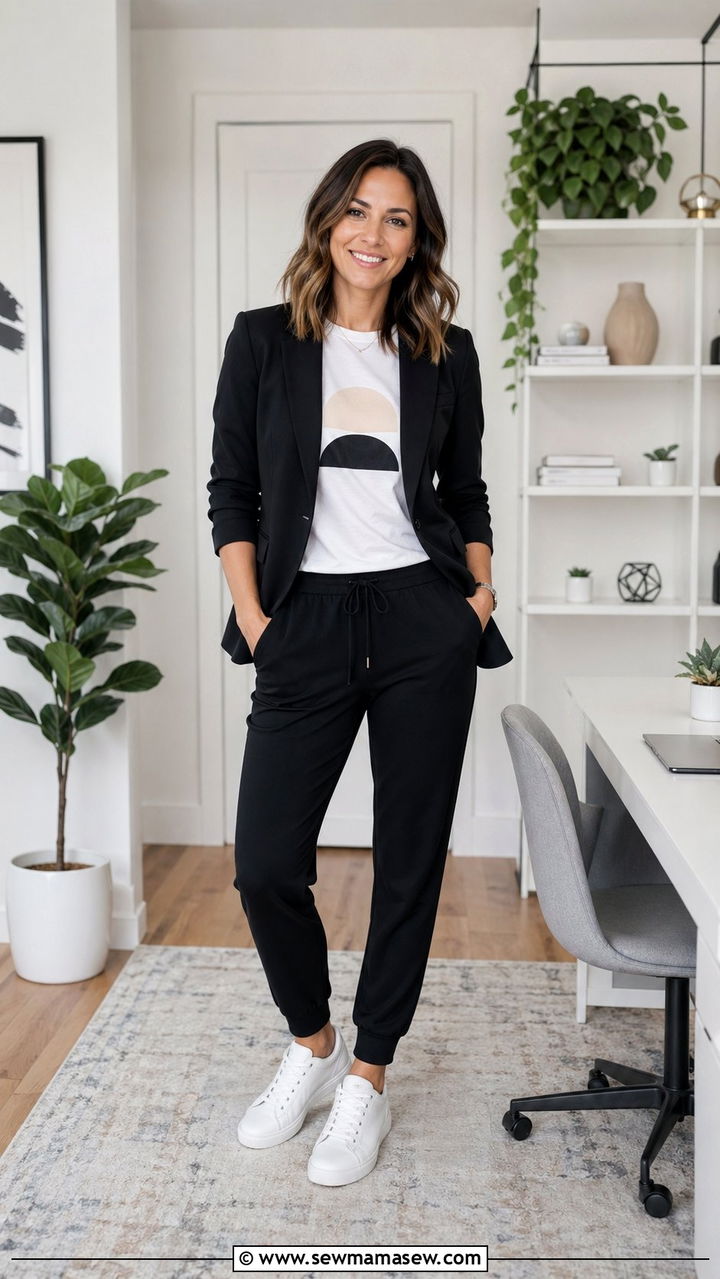 Structured Blazer With Graphic Tee And Tailored Joggers - 30 Zoom meeting outfit ideas