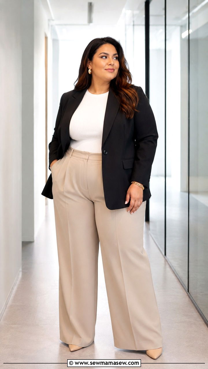 Structured Blazer With High Waist Wide Leg Trousers - 25 Plus size work outfit ideas 2026