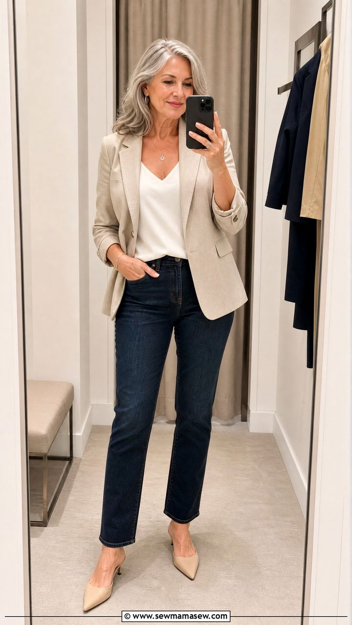 Structured Blazer With Straight Leg Dark Jeans - 20 Apple shape outfits for women over 50